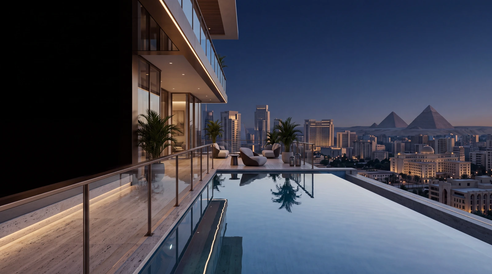 Concept visualization of a luxury terrace, infinity pool and imagined Cairo skyline with distant pyramids; not an actual property
